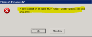 A save operation on table 'MO_Order_MSTR' failed accessing sql data